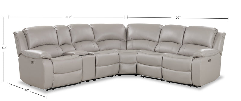 Sofa sectionnel à inclinaison électrique Marcel 6 pièces en cuir véritable avec console de rangement et port USB - gris