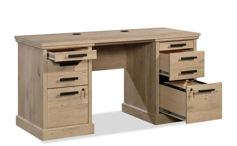 Bureau de style bahut Mason Peak de 59,06 po de qualité commerciale à 6 tiroirs - chêne clair
