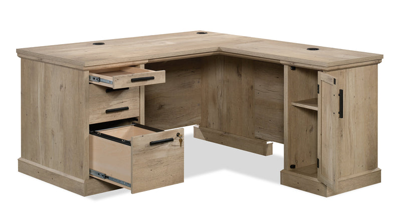 Bureau en forme de L Mason Peak de 59,06 po de qualité commerciale à 3 tiroirs avec armoire - chêne clair