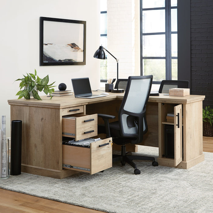 Bureau en forme de L Mason Peak de 59,06 po de qualité commerciale à 3 tiroirs avec armoire - chêne clair