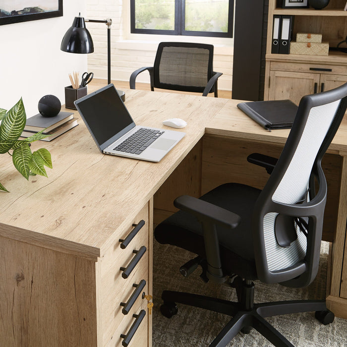 Bureau en forme de L Mason Peak de 59,06 po de qualité commerciale à 3 tiroirs avec armoire - chêne clair