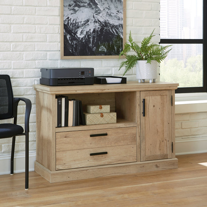 Petit bahut Mason Peak de 47,09 po de qualité commerciale avec tiroir et armoire - chêne clair