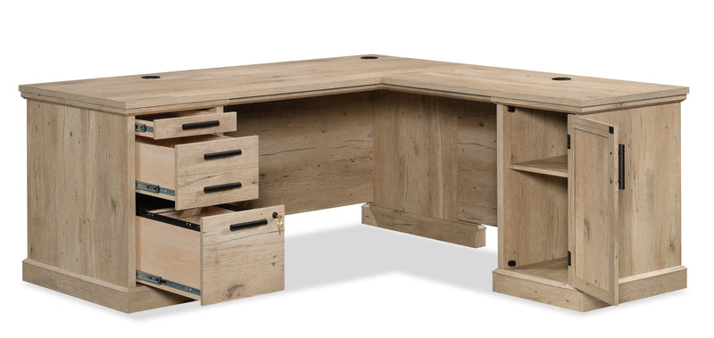 Bureau en forme de L Mason Peak de 71,10 po de qualité commerciale à 3 tiroirs avec armoire - chêne clair