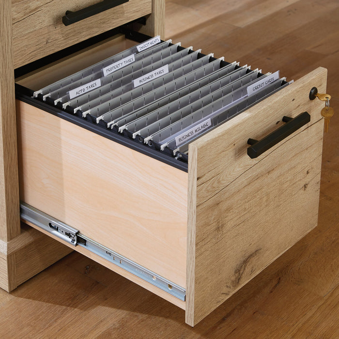 Bureau en forme de L Mason Peak de 71,10 po de qualité commerciale à 3 tiroirs avec armoire - chêne clair