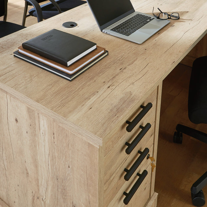 Bureau en forme de L Mason Peak de 71,10 po de qualité commerciale à 3 tiroirs avec armoire - chêne clair