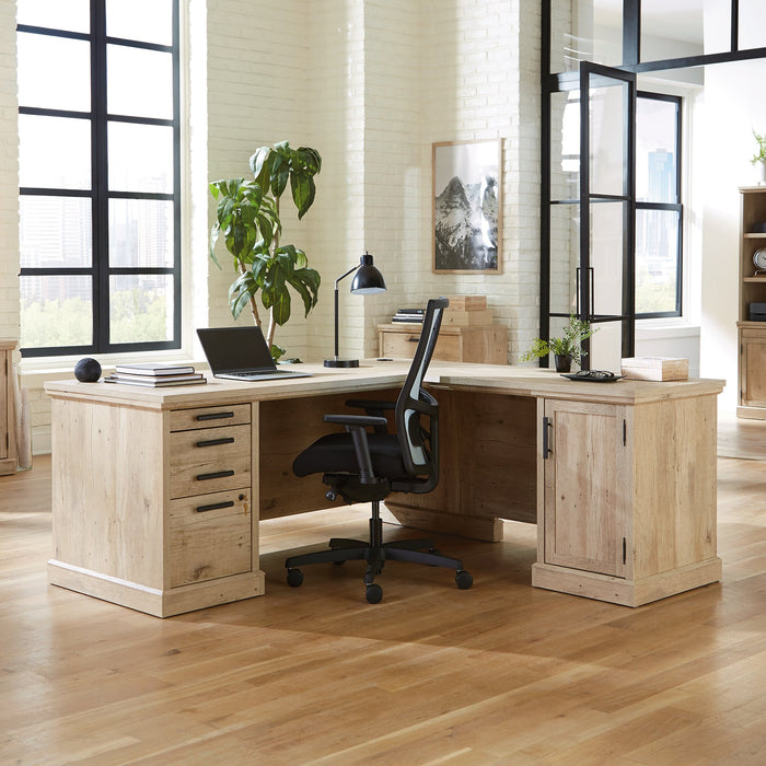 Bureau en forme de L Mason Peak de 71,10 po de qualité commerciale à 3 tiroirs avec armoire - chêne clair