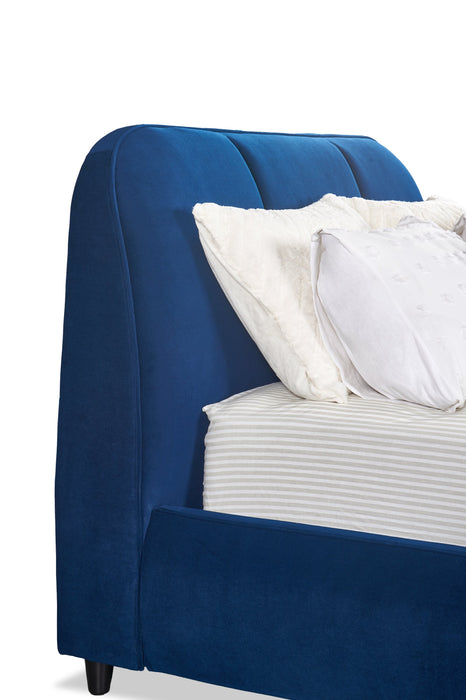 Lit plateforme rembourré Mave en tissu de velours bleu - format grand lit