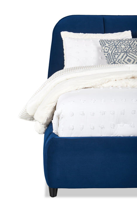 Lit plateforme rembourré Mave en tissu de velours bleu - format grand lit