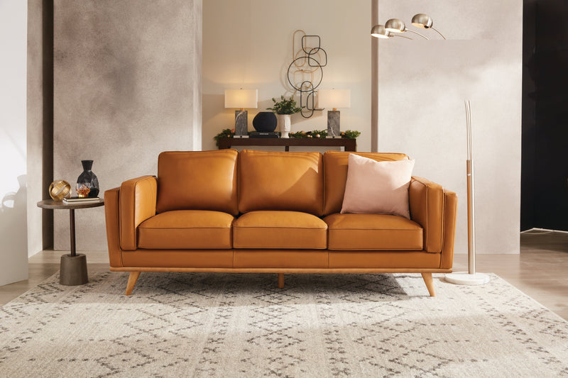 Sofa Vivia de 86 po en cuir véritable avec coussins de siège amovibles et pattes en bois - brun caramel 