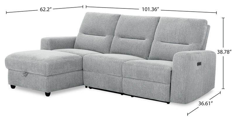 Sofa sectionnel de gauche à inclinaison électrique Meadow 2 pièces en tissu de chenille avec fauteuil long de rangement - gris rivière