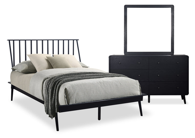 Ensemble de chambre à coucher Milan 5 pièces de style moderne du milieu du 20e siècle avec lit, commode et miroir, noir - format lit double