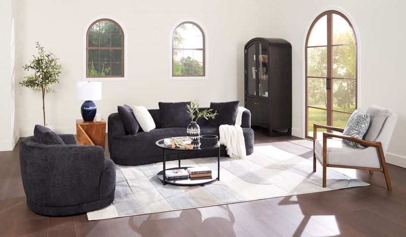 Fauteuil arrondi Moon de 35,8 po en tissu avec coussin décoratif - noir corbeau laineux