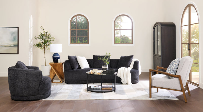 Sofa arrondi Moon de 91 po en tissu avec coussins décoratifs - noir corbeau laineux