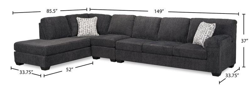 Sofa sectionnel de gauche Morgan 3 pièces fabriqué au Canada en tissu de chenille avec sofa et coussins décoratifs - gris