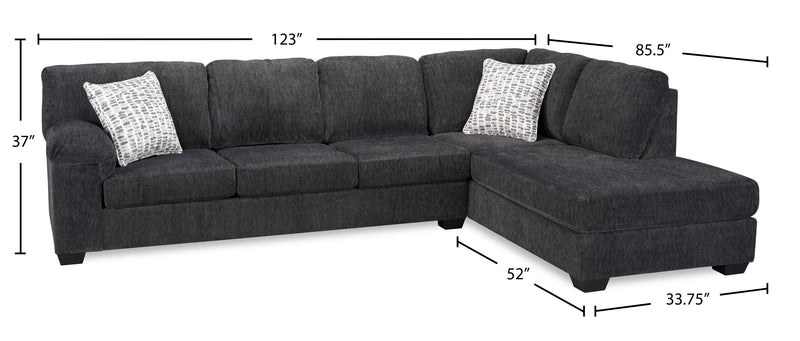 Sofa sectionnel de droite Morgan 2 pièces fabriqué au Canada en tissu de chenille avec sofa et coussins décoratifs - gris