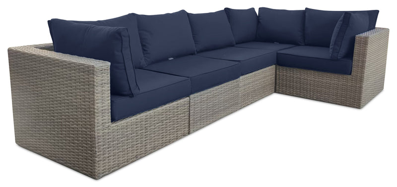 Ensemble Naples 5 pièces pour la terrasse à l’extérieur avec 3 fauteuils en coin et 2 fauteuils sans accoudoirs - osier en résine tressé à la main, résistant aux rayons UV et aux intempéries - naturel et bleu