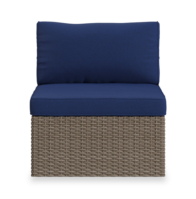Ensemble Naples 5 pièces pour la terrasse à l’extérieur avec 3 fauteuils en coin et 2 fauteuils sans accoudoirs - osier en résine tressé à la main, résistant aux rayons UV et aux intempéries - naturel et bleu