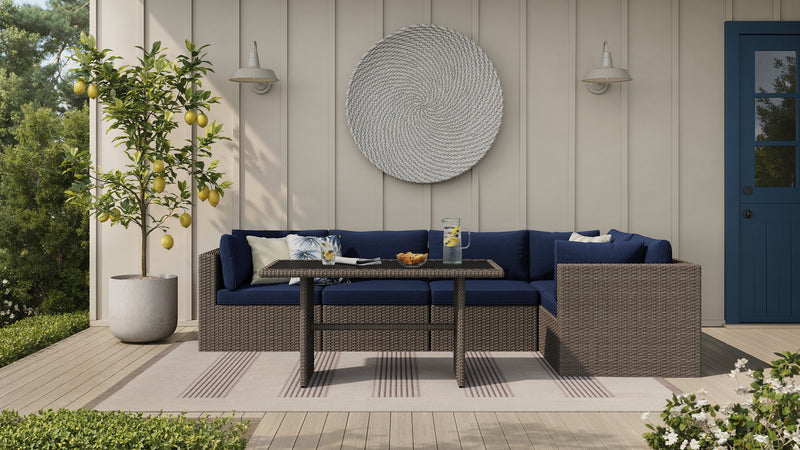 Ensemble Naples 5 pièces pour la terrasse à l’extérieur avec 3 fauteuils en coin et 2 fauteuils sans accoudoirs - osier en résine tressé à la main, résistant aux rayons UV et aux intempéries - naturel et bleu
