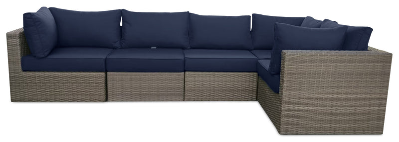 Ensemble Naples 10 pièces pour la terrasse à l’extérieur avec 3 fauteuils en coin, 2 fauteuils sans accoudoirs, fauteuil, grand pouf, 2 petits poufs et table de hauteur standard - osier en résine tressé à la main, résistant aux rayons UV et aux intempéries - naturel et bleu