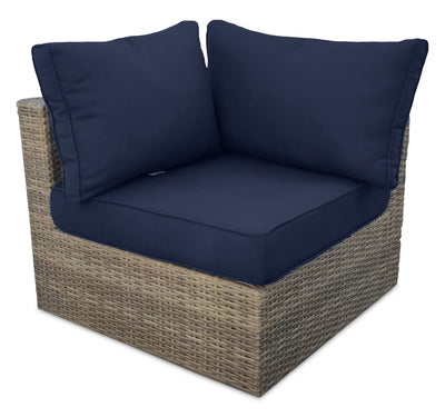 Naples Corner Outdoor Patio Chair - Hand-Woven Resin Wicker, UV & Weather Resistant - Natural/Blue | Fauteuil en coin Naples pour la terrasse à l’extérieur - osier en résine tressé à la main, résistant aux rayons UV et aux intempéries - naturel et bleu