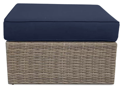 Naples Large Outdoor Patio Ottoman - Hand-Woven Resin Wicker, UV & Weather Resistant - Natural/Blue | Grand pouf Naples pour la terrasse à l’extérieur - osier en résine tressé à la main, résistant aux rayons UV et aux intempéries - naturel et bleu
