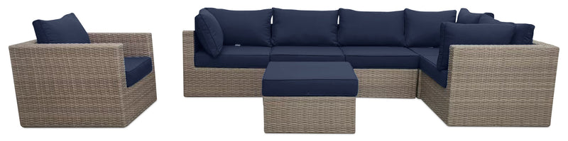 Fauteuil Naples pour la terrasse à l’extérieur - osier en résine tressé à la main, résistant aux rayons UV et aux intempéries - naturel et bleu