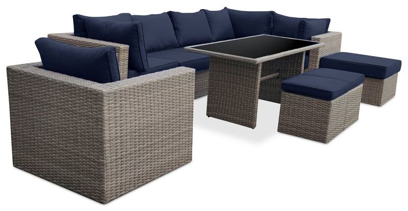 Grand pouf Naples pour la terrasse à l’extérieur - osier en résine tressé à la main, résistant aux rayons UV et aux intempéries - naturel et bleu