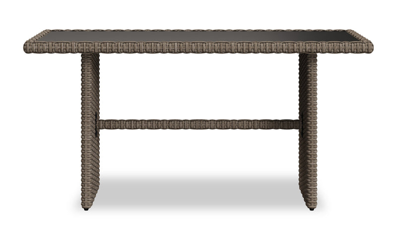 Table Naples de hauteur standard pour la terrasse à l’extérieur - osier en résine tressé à la main, verre, résistante aux rayons UV et aux intempéries - naturelle et noire