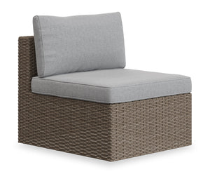 Fauteuil sans accoudoirs Naples pour la terrasse à l’extérieur - osier en résine tressé à la main, résistant aux rayons UV et aux intempéries - naturel et gris