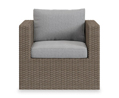 Naples Outdoor Patio Chair - Hand-Woven Resin Wicker, UV & Weather Resistant - Natural/Grey | Fauteuil Naples pour la terrasse à l’extérieur - osier en résine tressé à la main, résistant aux rayons UV et aux intempéries - naturel et gris