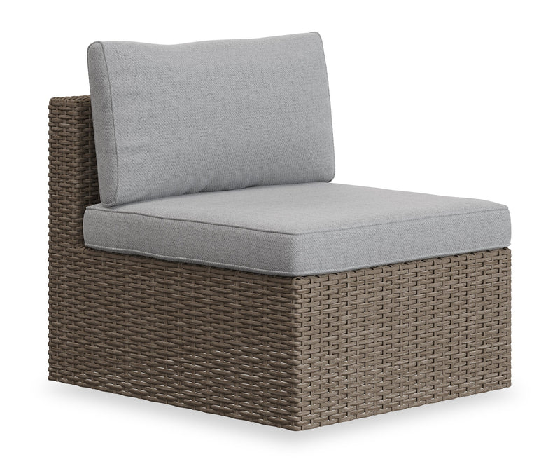 Ensemble Naples 5 pièces pour la terrasse à l’extérieur avec 3 fauteuils en coin et 2 fauteuils sans accoudoirs - osier en résine tressé à la main, résistant aux rayons UV et aux intempéries - naturel et gris