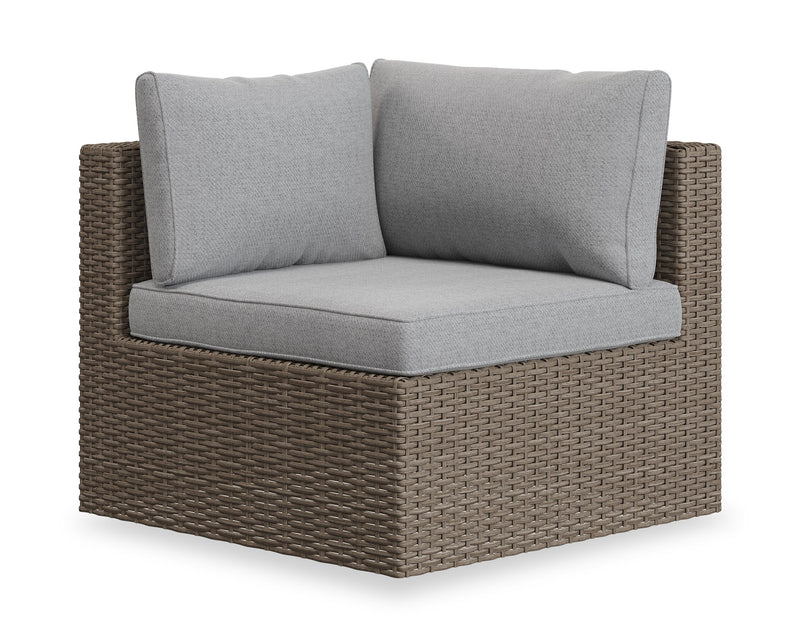 Ensemble Naples 5 pièces pour la terrasse à l’extérieur avec 3 fauteuils en coin et 2 fauteuils sans accoudoirs - osier en résine tressé à la main, résistant aux rayons UV et aux intempéries - naturel et gris