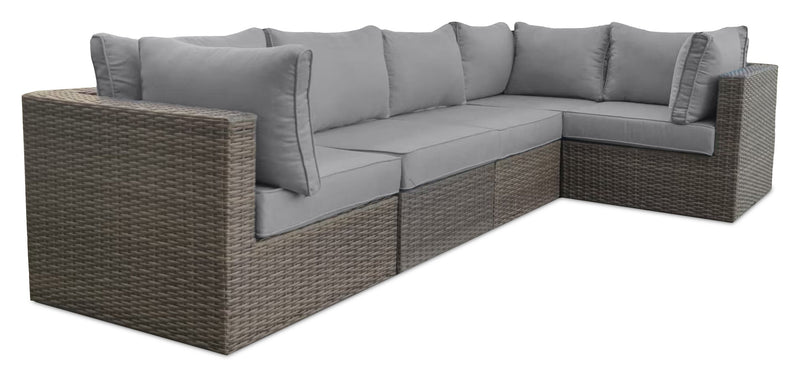 Ensemble Naples 5 pièces pour la terrasse à l’extérieur avec 3 fauteuils en coin et 2 fauteuils sans accoudoirs - osier en résine tressé à la main, résistant aux rayons UV et aux intempéries - naturel et gris