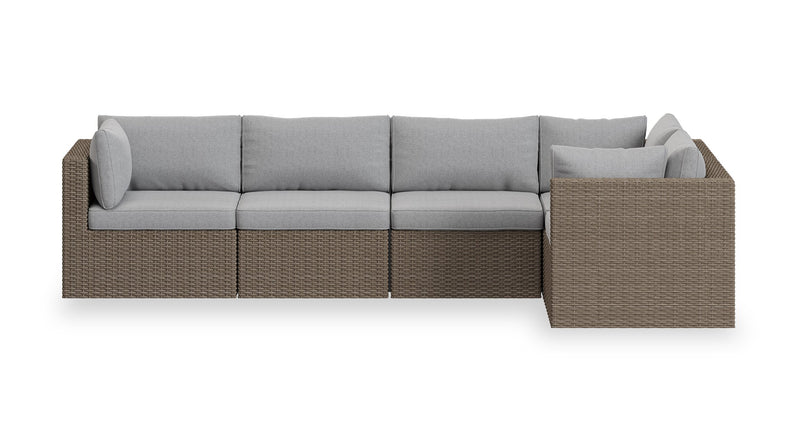 Ensemble Naples 5 pièces pour la terrasse à l’extérieur avec 3 fauteuils en coin et 2 fauteuils sans accoudoirs - osier en résine tressé à la main, résistant aux rayons UV et aux intempéries - naturel et gris