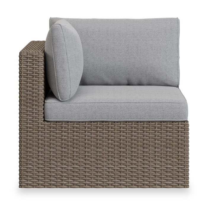 Ensemble Naples 5 pièces pour la terrasse à l’extérieur avec 3 fauteuils en coin et 2 fauteuils sans accoudoirs - osier en résine tressé à la main, résistant aux rayons UV et aux intempéries - naturel et gris