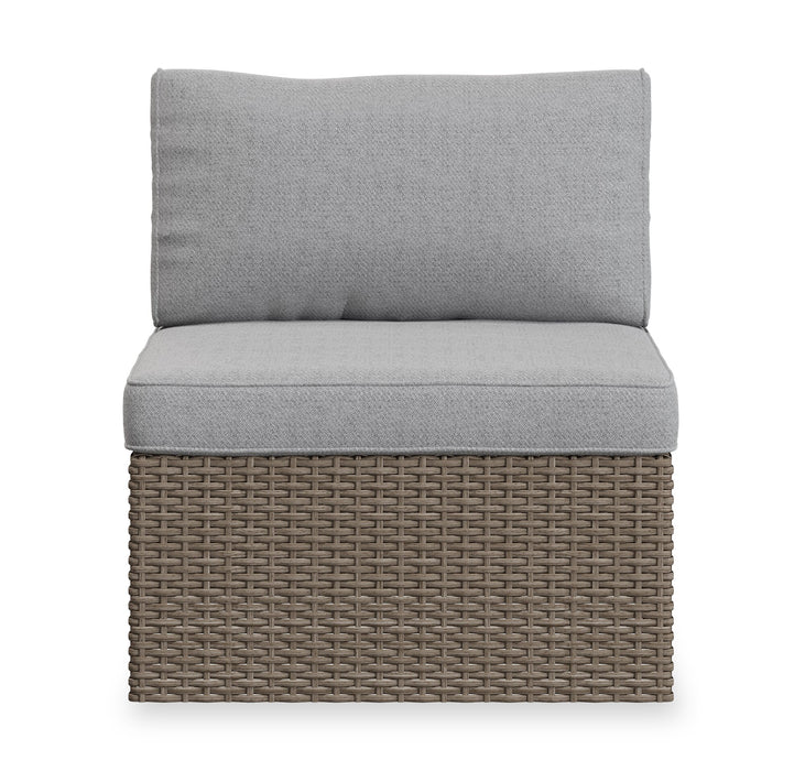 Ensemble Naples 5 pièces pour la terrasse à l’extérieur avec 3 fauteuils en coin et 2 fauteuils sans accoudoirs - osier en résine tressé à la main, résistant aux rayons UV et aux intempéries - naturel et gris