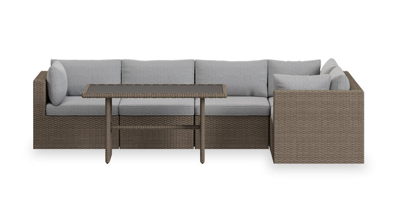 Ensemble Naples 5 pièces pour la terrasse à l’extérieur avec 3 fauteuils en coin et 2 fauteuils sans accoudoirs - osier en résine tressé à la main, résistant aux rayons UV et aux intempéries - naturel et gris