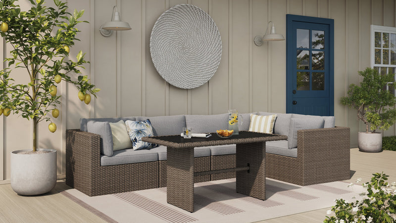 Ensemble Naples 5 pièces pour la terrasse à l’extérieur avec 3 fauteuils en coin et 2 fauteuils sans accoudoirs - osier en résine tressé à la main, résistant aux rayons UV et aux intempéries - naturel et gris