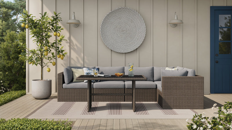 Ensemble Naples 5 pièces pour la terrasse à l’extérieur avec 3 fauteuils en coin et 2 fauteuils sans accoudoirs - osier en résine tressé à la main, résistant aux rayons UV et aux intempéries - naturel et gris