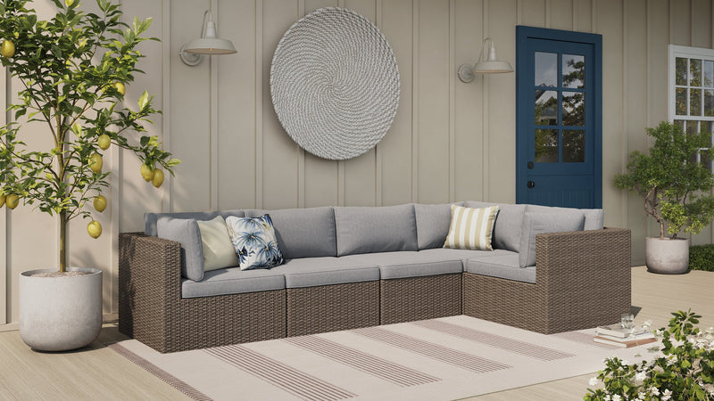 Ensemble Naples 5 pièces pour la terrasse à l’extérieur avec 3 fauteuils en coin et 2 fauteuils sans accoudoirs - osier en résine tressé à la main, résistant aux rayons UV et aux intempéries - naturel et gris