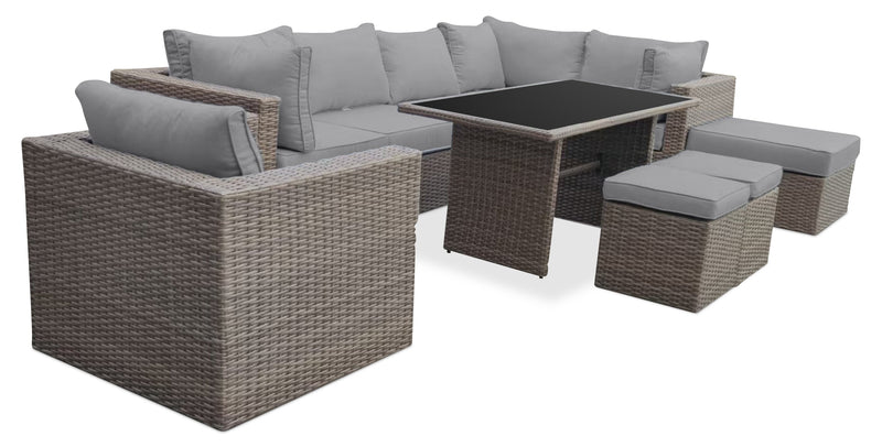 Ensemble Naples 10 pièces pour la terrasse à l’extérieur avec 3 fauteuils en coin, 2 fauteuils sans accoudoirs, fauteuil, grand pouf, 2 petits poufs et table de hauteur standard - osier en résine tressé à la main, résistant aux rayons UV et aux intempéries - naturel et gris
