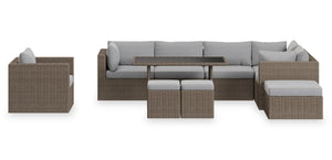 Ensemble Naples 10 pièces pour la terrasse à l’extérieur avec 3 fauteuils en coin, 2 fauteuils sans accoudoirs, fauteuil, grand pouf, 2 petits poufs et table de hauteur standard - osier en résine tressé à la main, résistant aux rayons UV et aux intempéries - naturel et gris