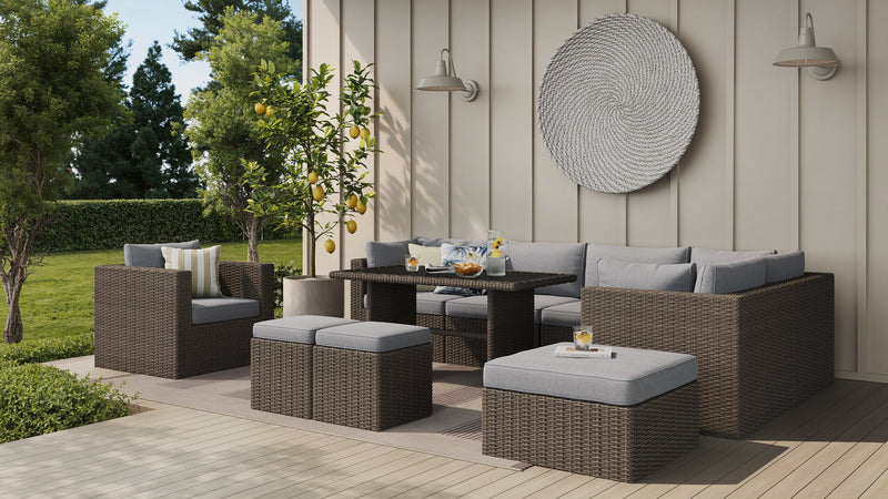 Ensemble Naples 10 pièces pour la terrasse à l’extérieur avec 3 fauteuils en coin, 2 fauteuils sans accoudoirs, fauteuil, grand pouf, 2 petits poufs et table de hauteur standard - osier en résine tressé à la main, résistant aux rayons UV et aux intempéries - naturel et gris