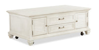 Table à café traditionnelle Newman de 50 po avec dessus relevable, rangement et roulettes - pin blanc albâtre