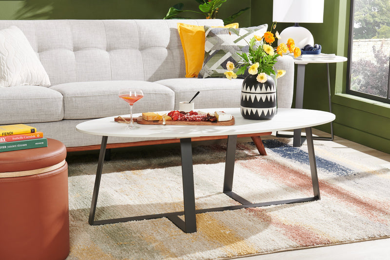 Table à café ovale moderne Nico de Kort & Co. de 51 po - pierre frittée blanche avec pattes en métal gris foncé
