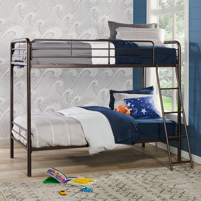 Lits superposés Noah en métal pour enfants avec échelle et garde-corps, bronze foncé - simple et simple