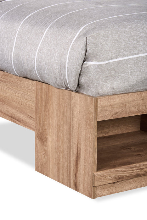 Lit plateforme Oakley fabriqué au Canada avec tête de lit et cadre de rangement, naturel - format grand lit