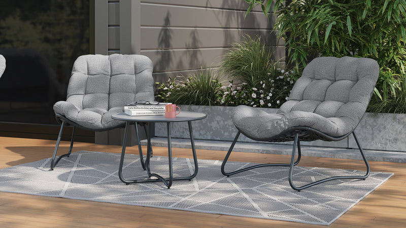 Ensemble de conversation Oslo 3 pièces pour la terrasse à l’extérieur avec 2 fauteuils de détente et table à café - osier en résine et métal, résistant aux rayons UV et aux intempéries - gris