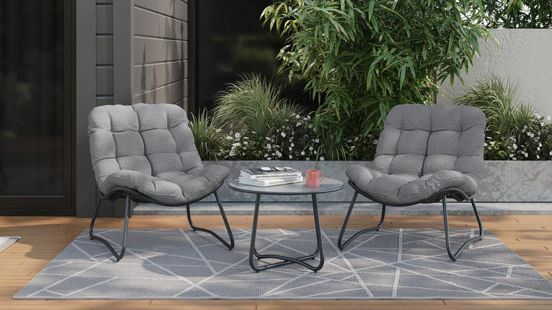 Ensemble de conversation Oslo 3 pièces pour la terrasse à l’extérieur avec 2 fauteuils de détente et table à café - osier en résine et métal, résistant aux rayons UV et aux intempéries - gris