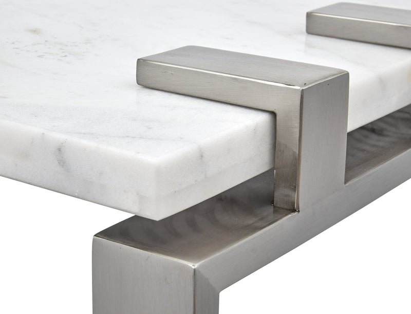 Table de fauteuil moderne Paradox de 16 po avec tablette - dessus en marbre blanc avec armature platine brossé